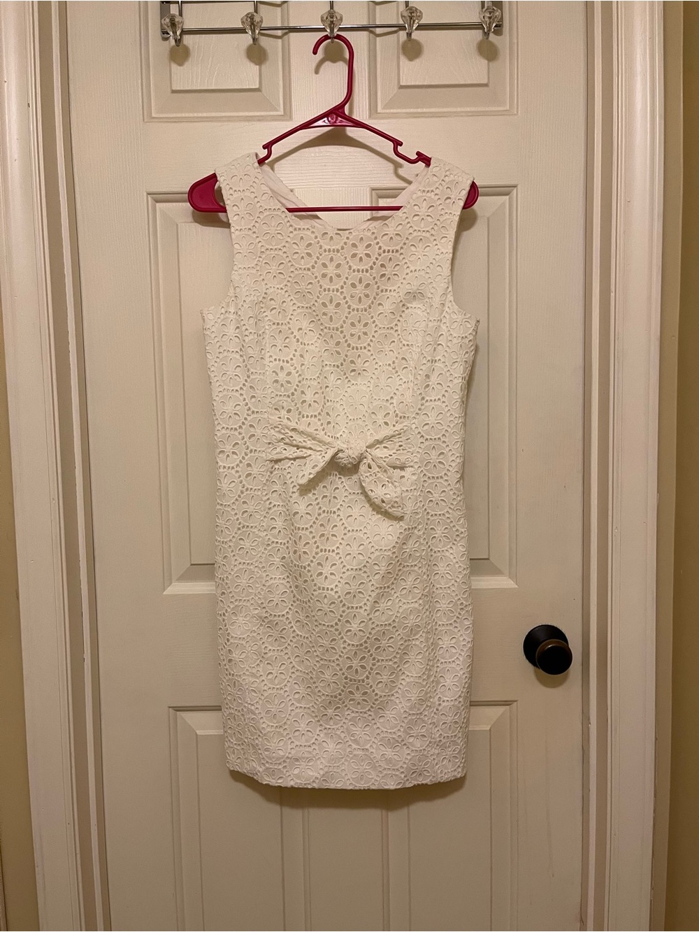 Lilly Pulitzer Ivory Eyelet Midi Sheath Dress with Waist Bow